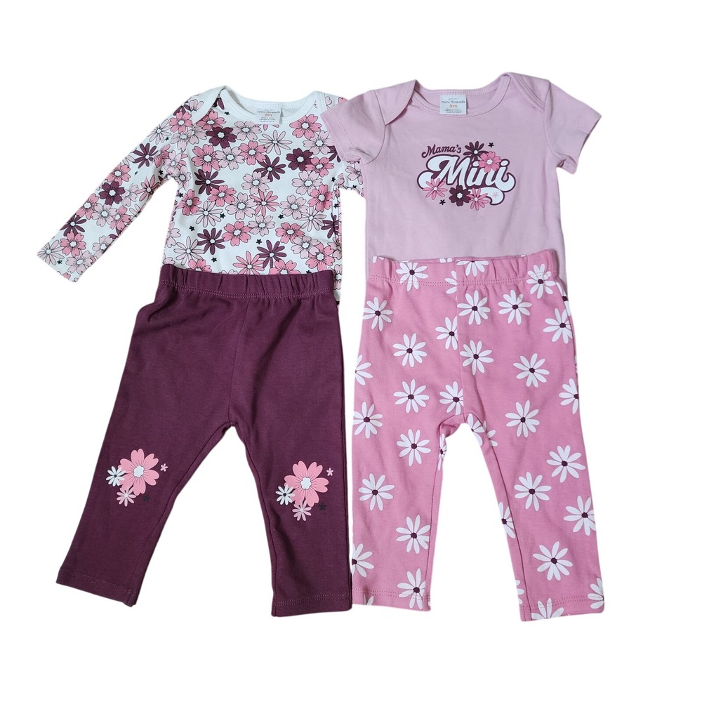Petite Lem Mini Threads Infant Baby Girl 4 Pc Set Pink Burgundy Floral Boho 9m‎